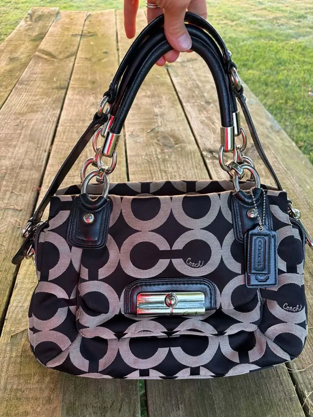 Coach Kristin Op Art Signature Satchel Black and Grey